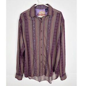Robert Graham Button Up Shirt Men’s XL Flip Cuff Striped Embroidered Silk Trim